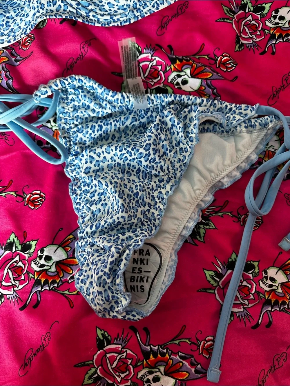 Frankie's Bikinis Light Blue and White Leopard Print Tie-Side Bikini